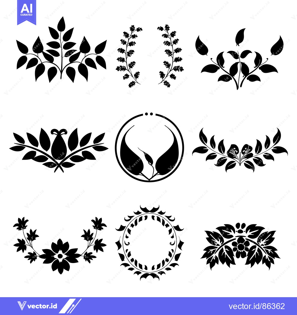 Premium Vector of Set of Black Floral Designs with Leaves, Flowers, and Wreaths