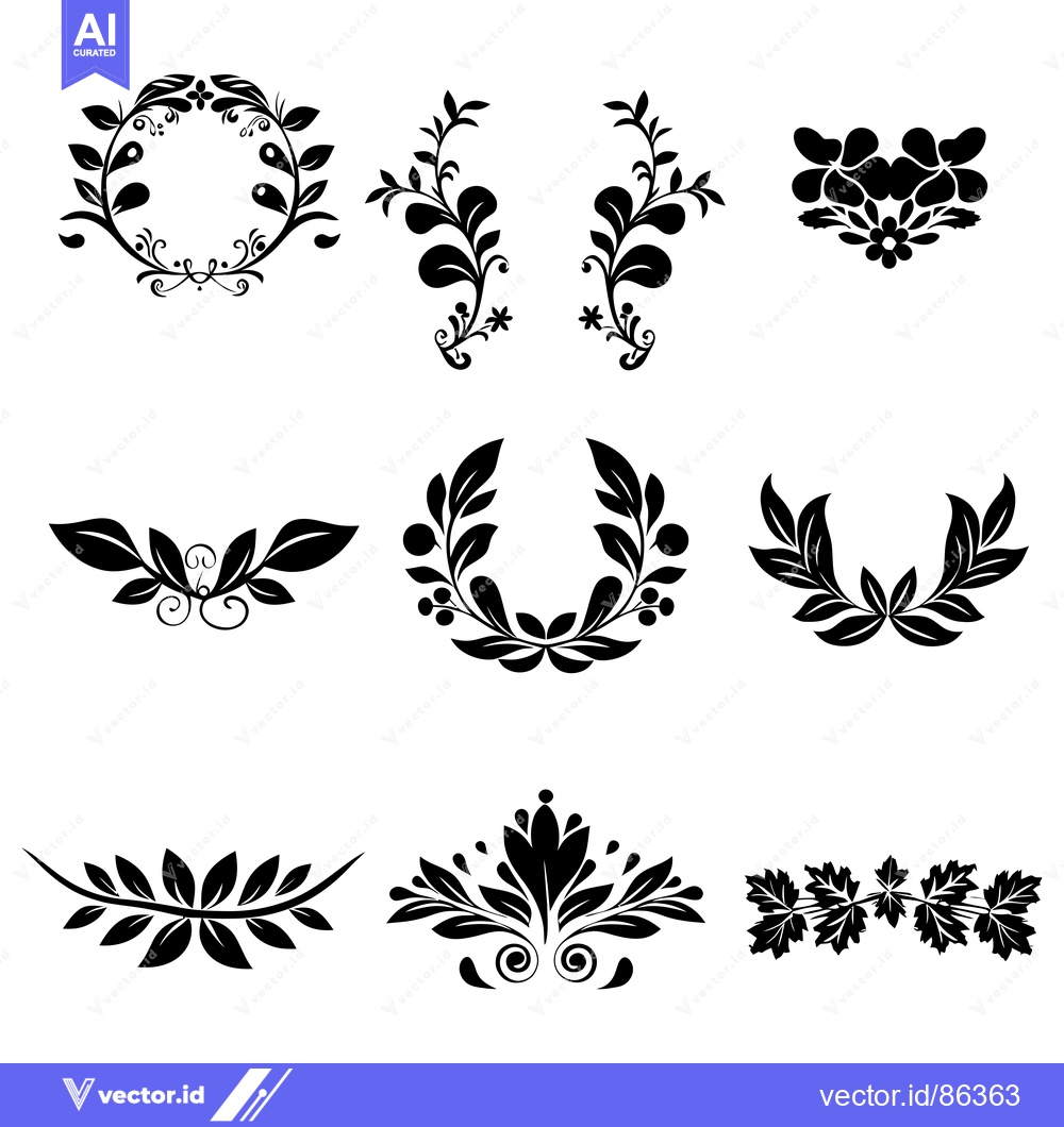 Premium Vector of Set of Nine Black and White Floral Design Elements