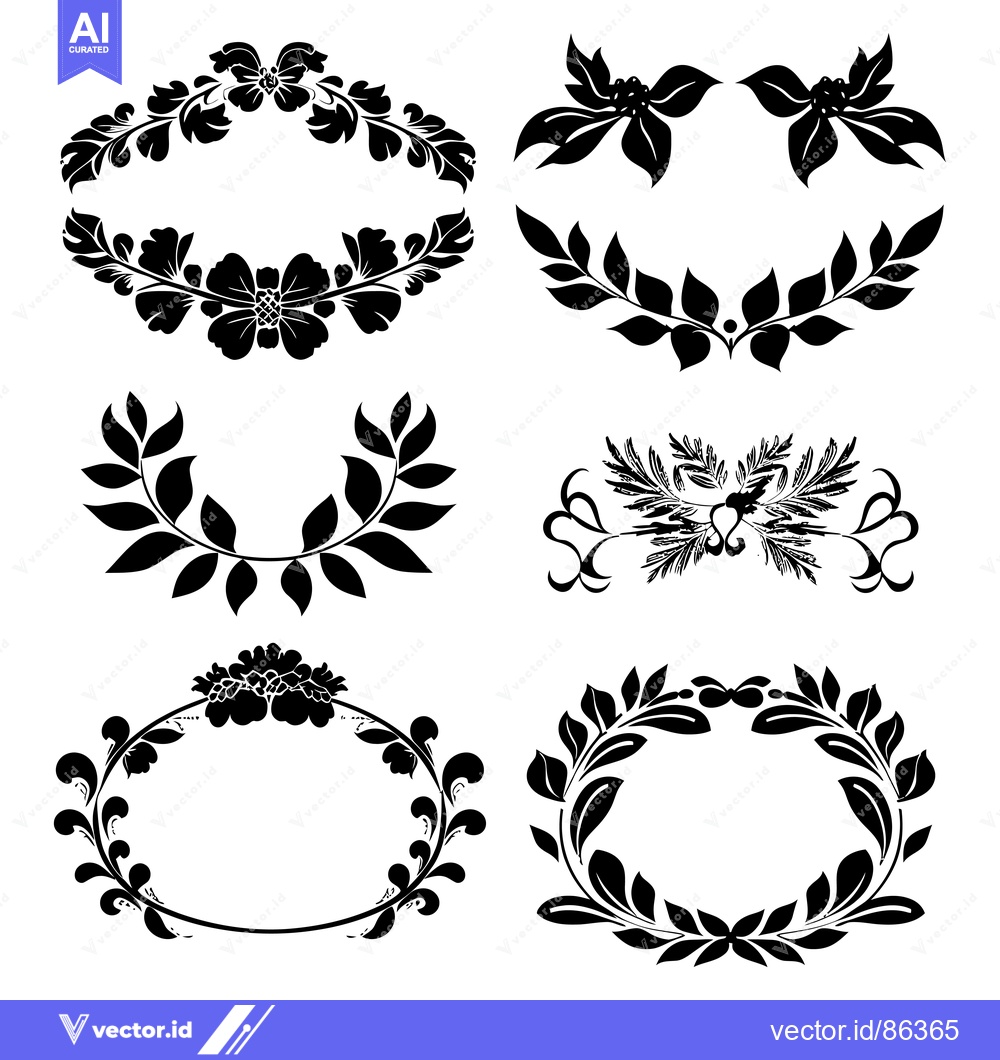 Premium Vector of Set of Six Black and White Floral Wreaths with Ornate Details