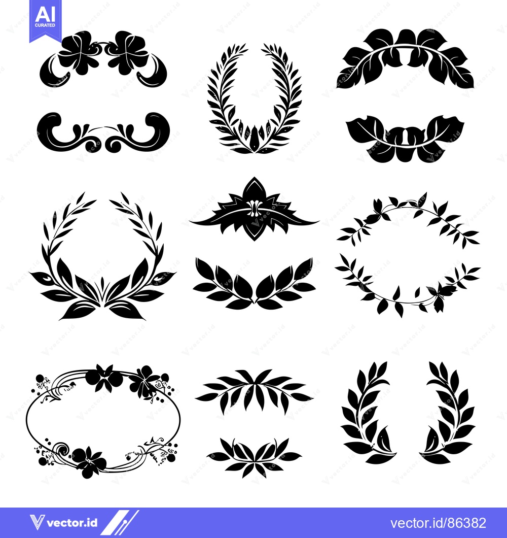 Premium Vector of Set of Black and White Floral Wreaths and Ornaments