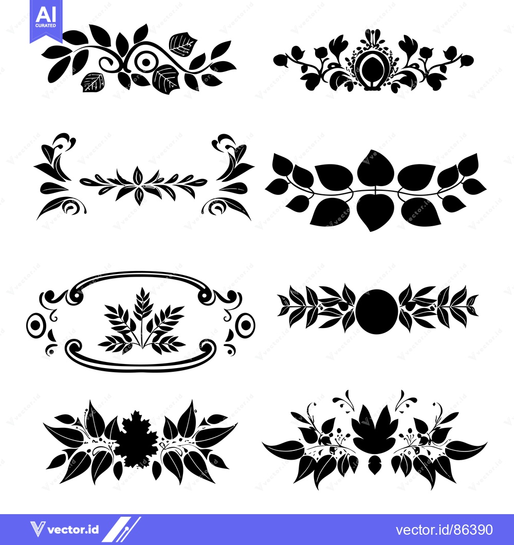 Premium Vector dari Six Black and White Floral Designs with Leaves and Swirls