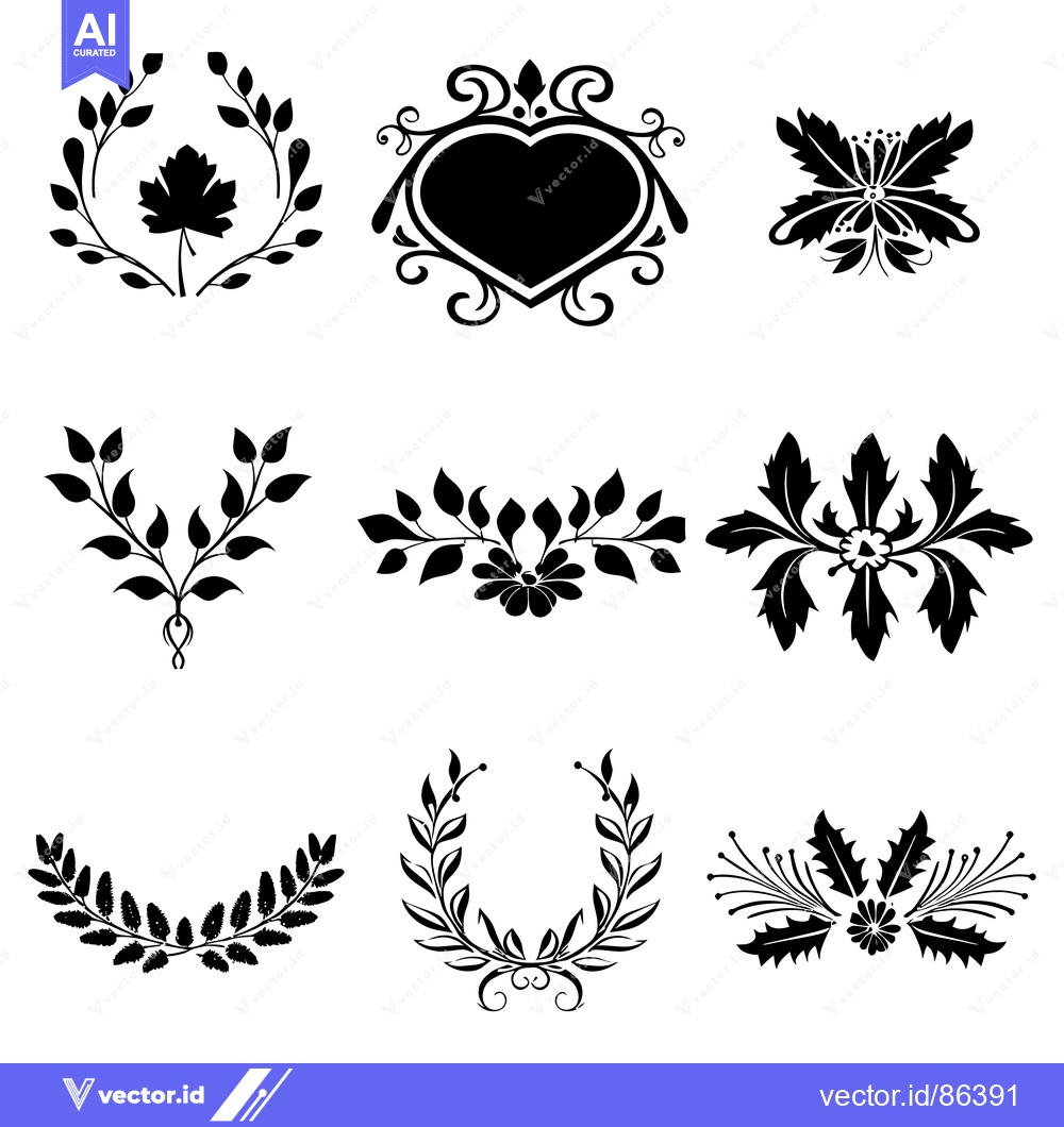 Premium Vector of Nine Black and White Floral and Leaf Designs
