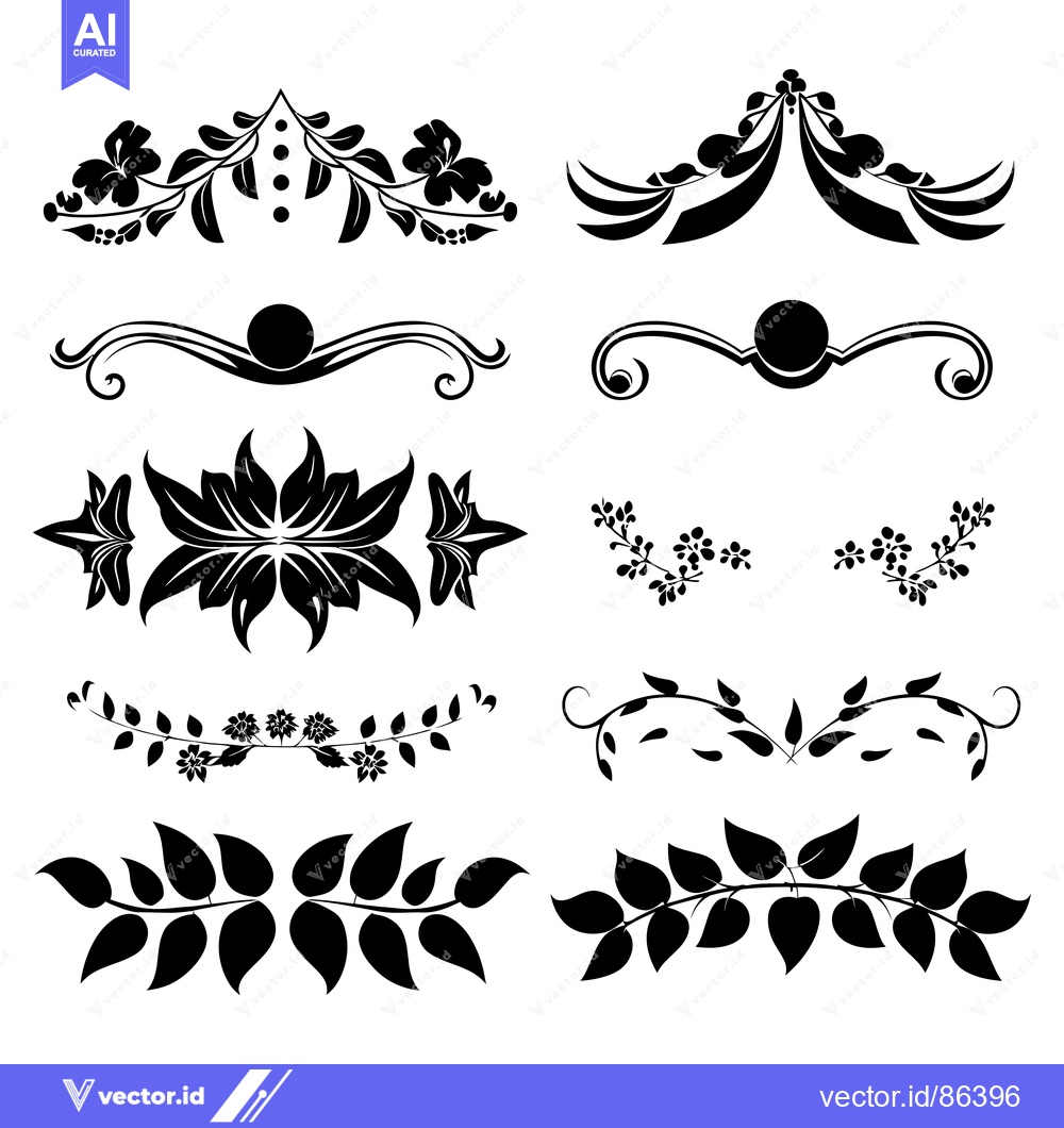 Premium Vector dari Collection of Black and White Floral and Leaf Decorative Elements