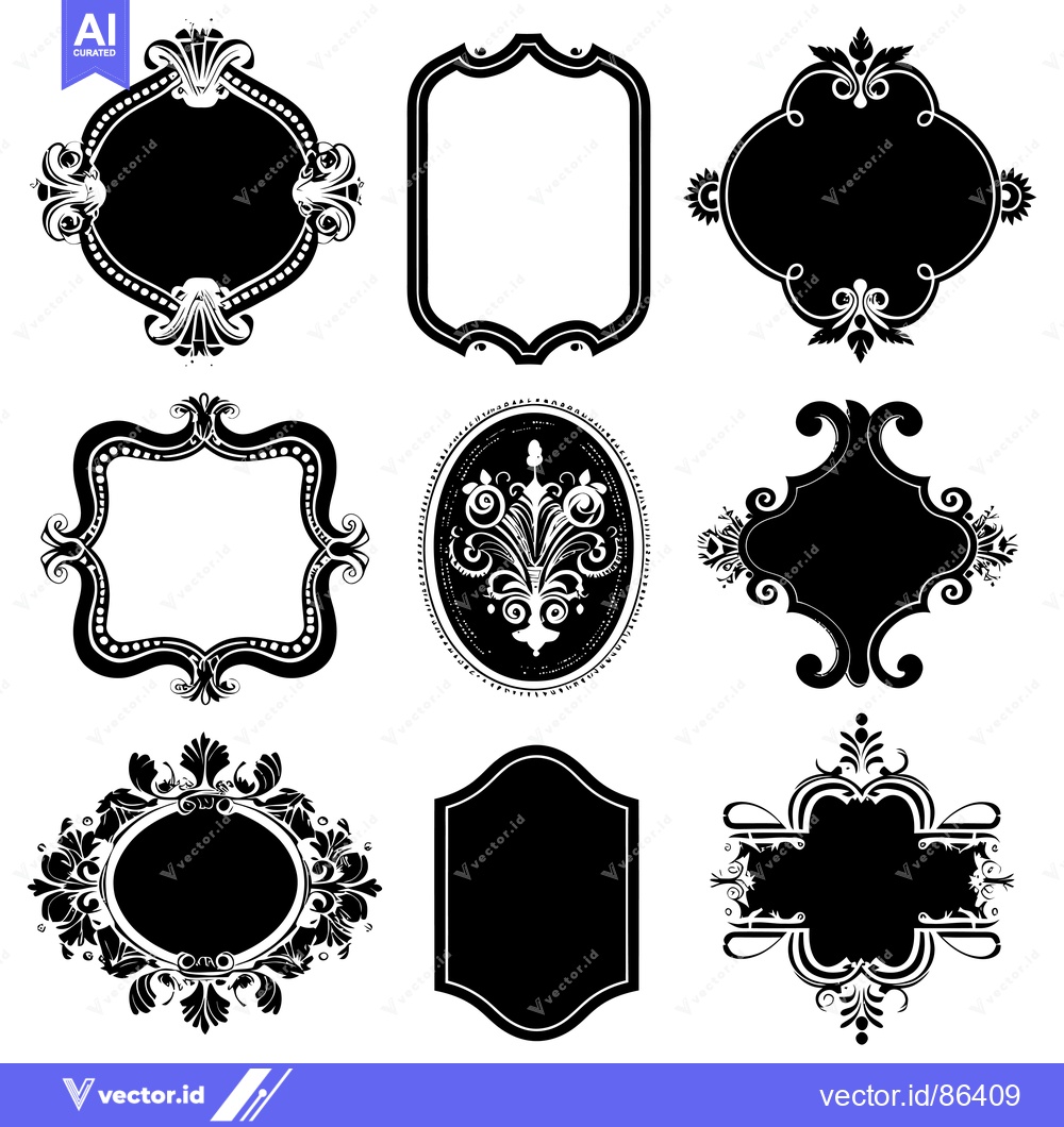 Premium Vector dari Collection of Nine Ornate Black and White Frames with Floral Accents