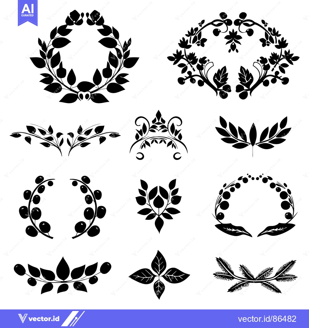 Premium Vector dari Collection of Black and White Floral Designs with Leaves and Berries