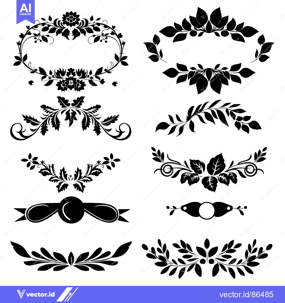 Premium Vector dari Set of Nine Black and White Floral Decorative Elements