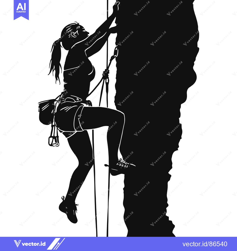 Premium Vector of Silhouette of a female rock climber ascending a steep cliff face.