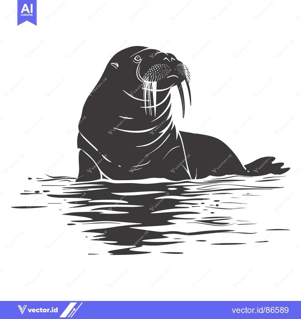 Premium Vector of Silhouette of a walrus with prominent tusks swimming in water
