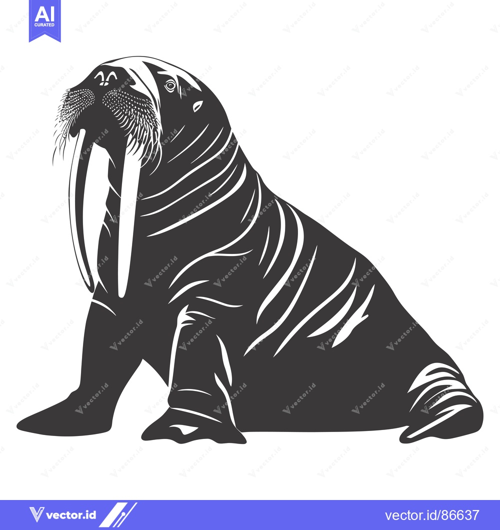 Premium Vector of Black and White Illustration of a Walrus with Large Tusk