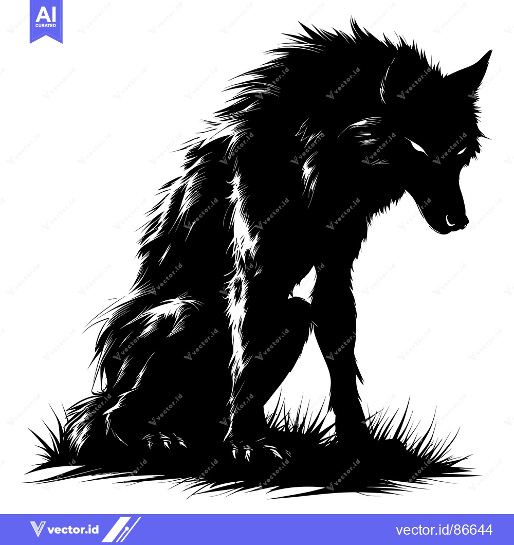 Premium Vector dari Black and White Silhouette of a Wolf Sitting in Grass