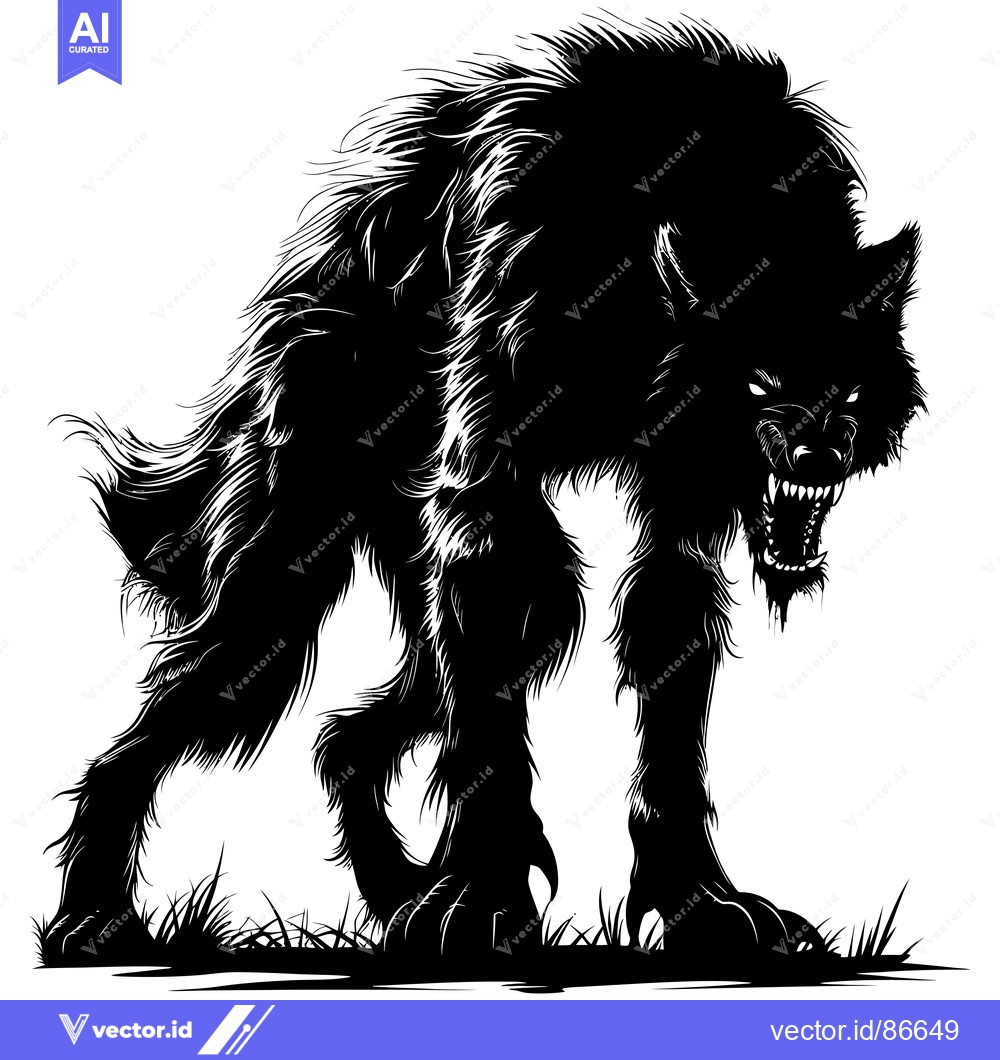 Premium Vector dari A Silhouetted Werewolf with Fangs Bared, Standing on Grass