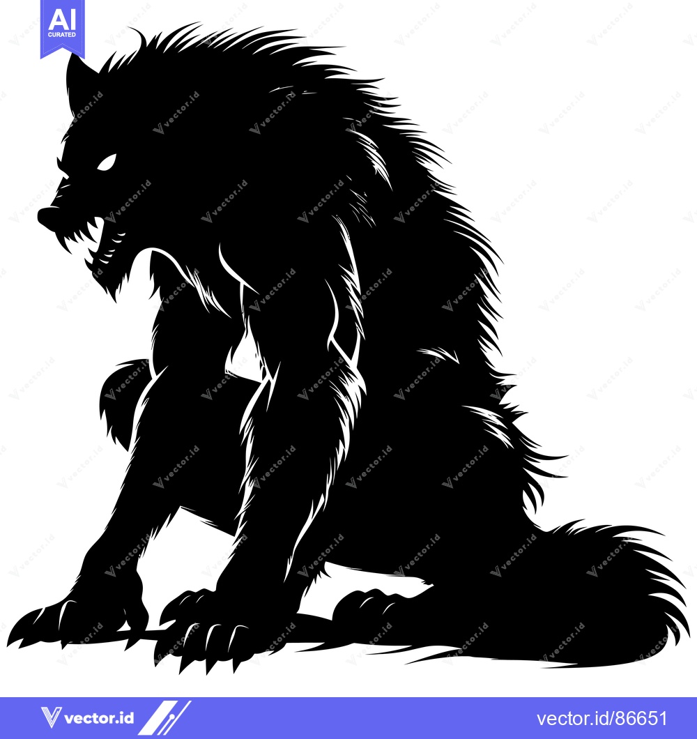 Premium Vector dari A black silhouette of a snarling werewolf sitting on its haunches