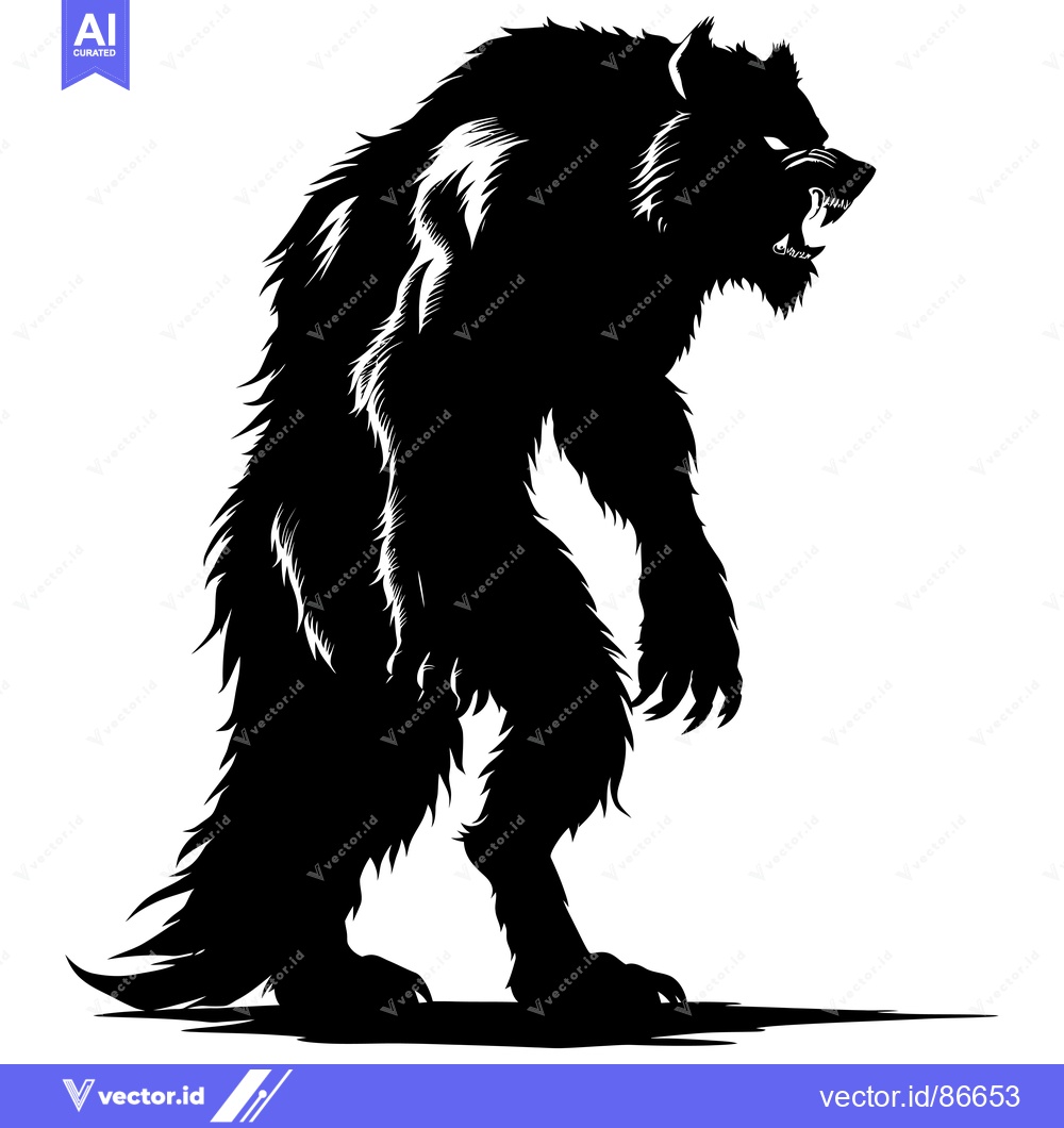 Premium Vector of Black and white silhouette of a snarling werewolf standing on all four
