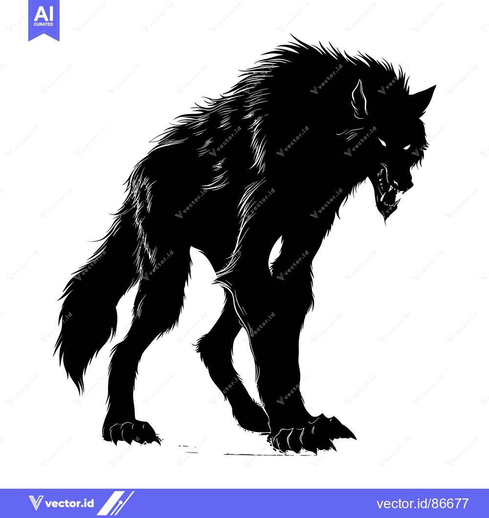 Premium Vector of A Black and White Silhouette of a Werewolf Standing in a Predatory Sta
