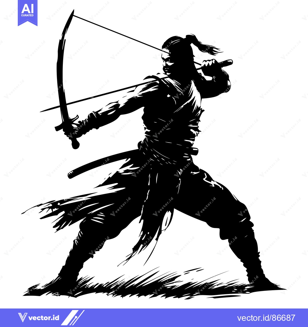 Premium Vector of Silhouette of a Samurai Warrior with a Bow and Sword
