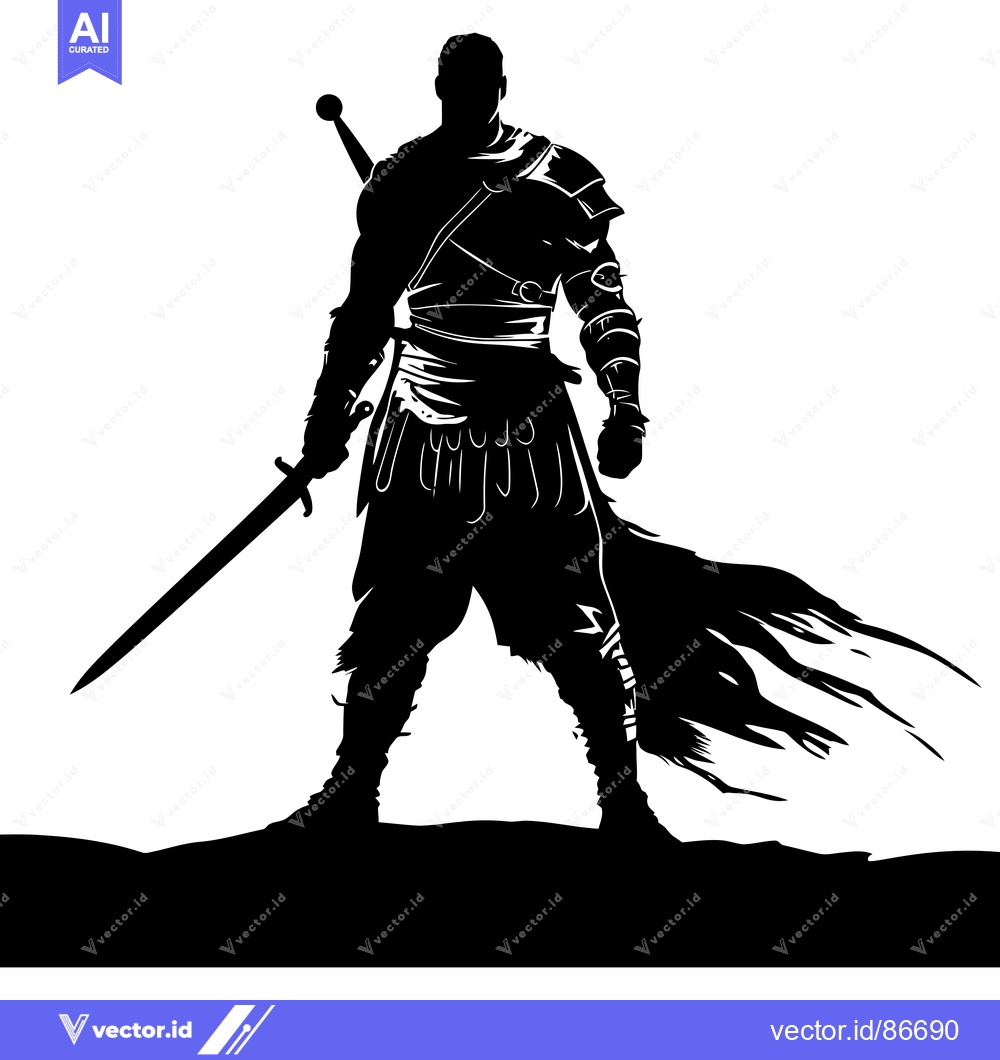 Premium Vector dari Silhouette of a warrior standing with a sword and a cloak billowing be