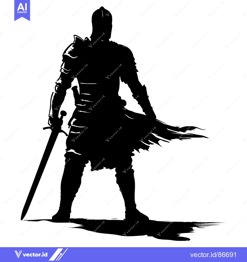 Premium Vector dari Silhouette of a knight holding a sword with a tattered cape