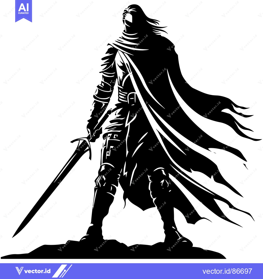 Premium Vector dari A Silhouetted Knight Standing with a Sword and a Flowing Cloak