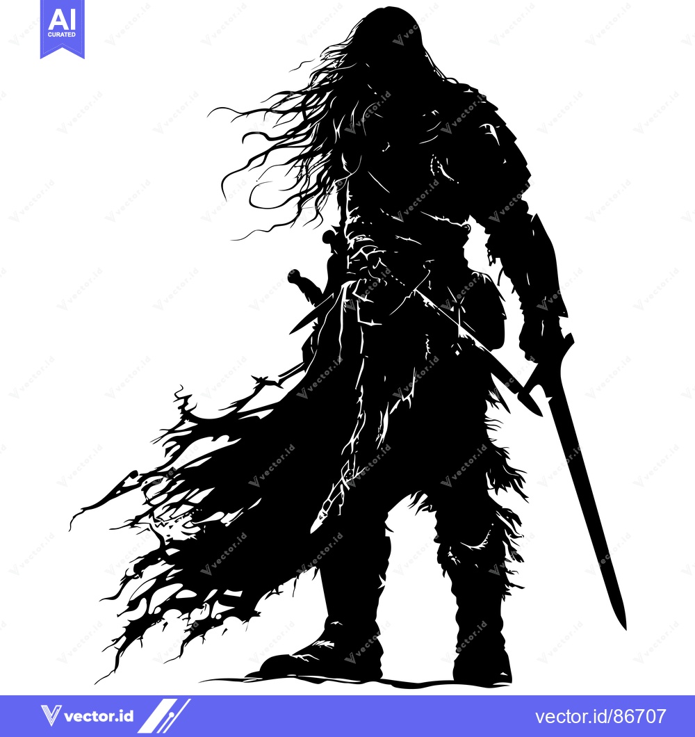 Premium Vector dari Silhouette of a Warrior with Long Hair and a Sword