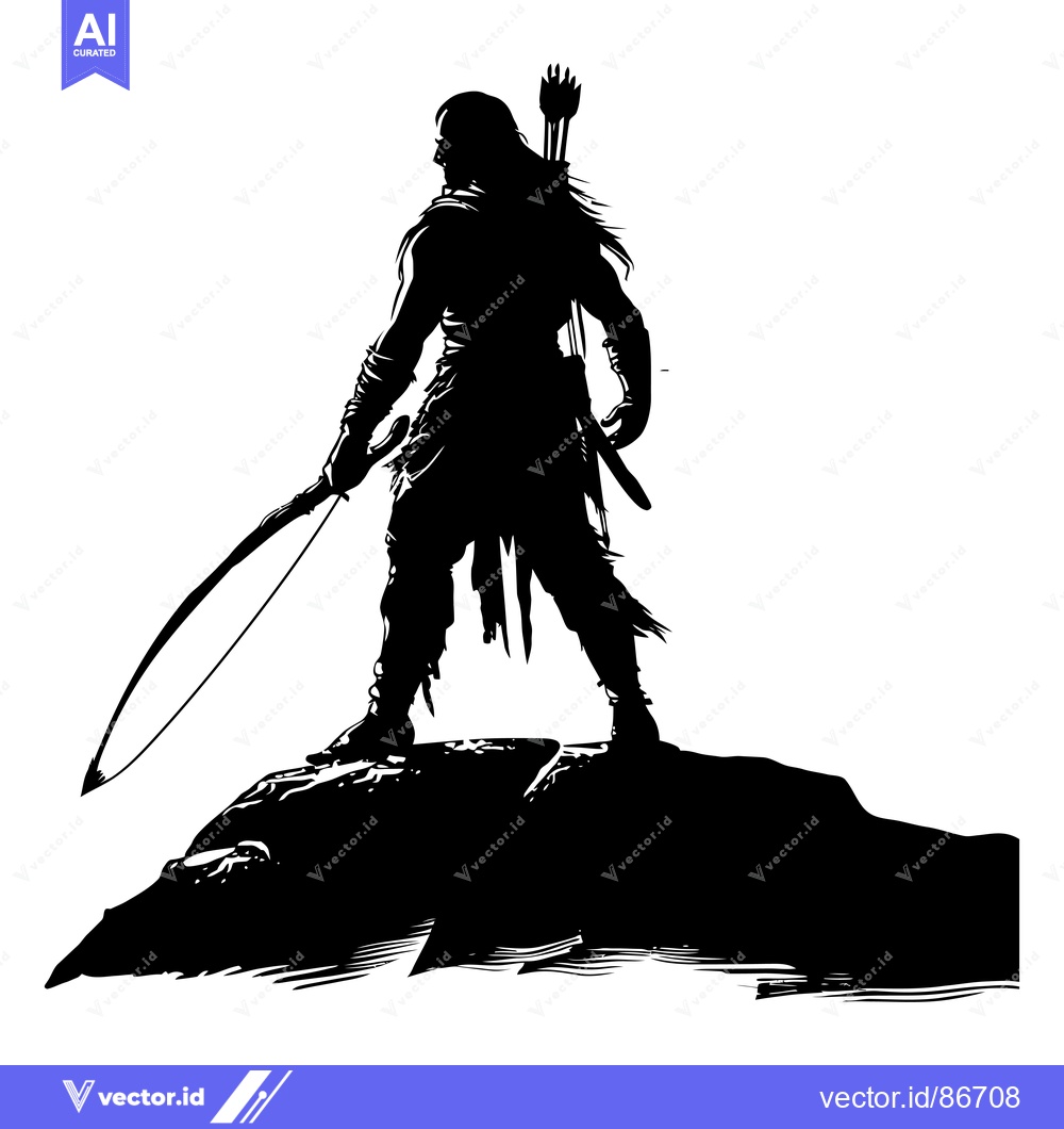 Premium Vector dari Silhouette of a Warrior Holding a Bow and Arrows on a Rock