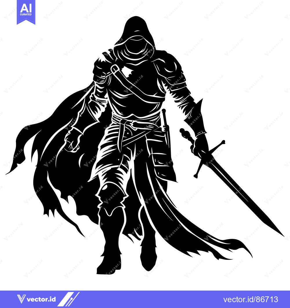 Premium Vector dari Silhouette of a Hooded Warrior with a Sword