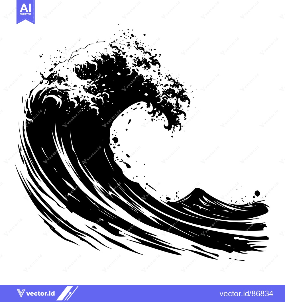 Premium Vector of Black and White Silhouette of a Large Ocean Wave