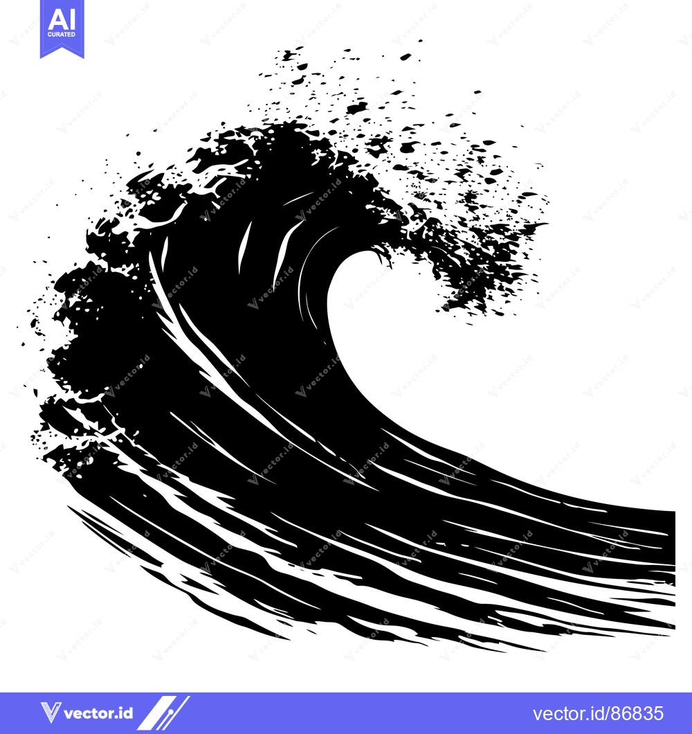 Premium Vector dari A Black and White Illustration of a Large Breaking Wave
