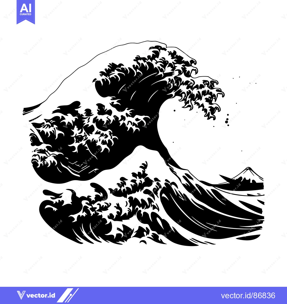 Premium Vector dari A black and white illustration of a large wave crashing over a mountai