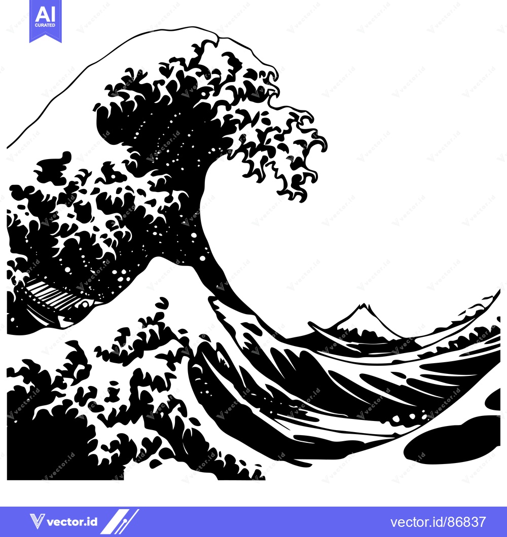 Premium Vector dari A black and white illustration of a large wave crashing against a moun