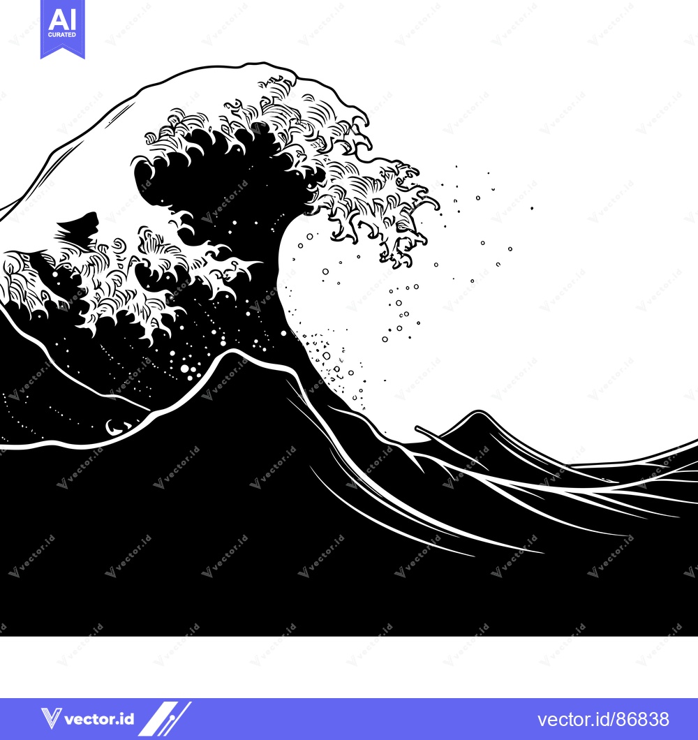 Premium Vector dari Black and White Illustration of a Large Wave Breaking