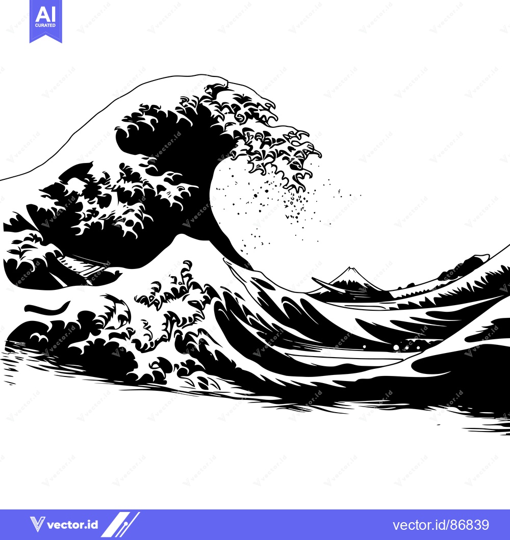 Premium Vector of A Black and White Illustration of the Great Wave off Kanagawa with Mou