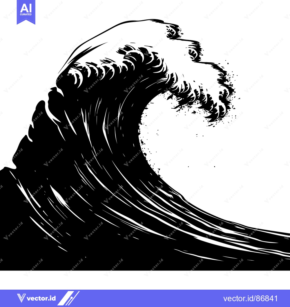 Premium Vector of A Black and White Illustration of a Large Wave Breaking