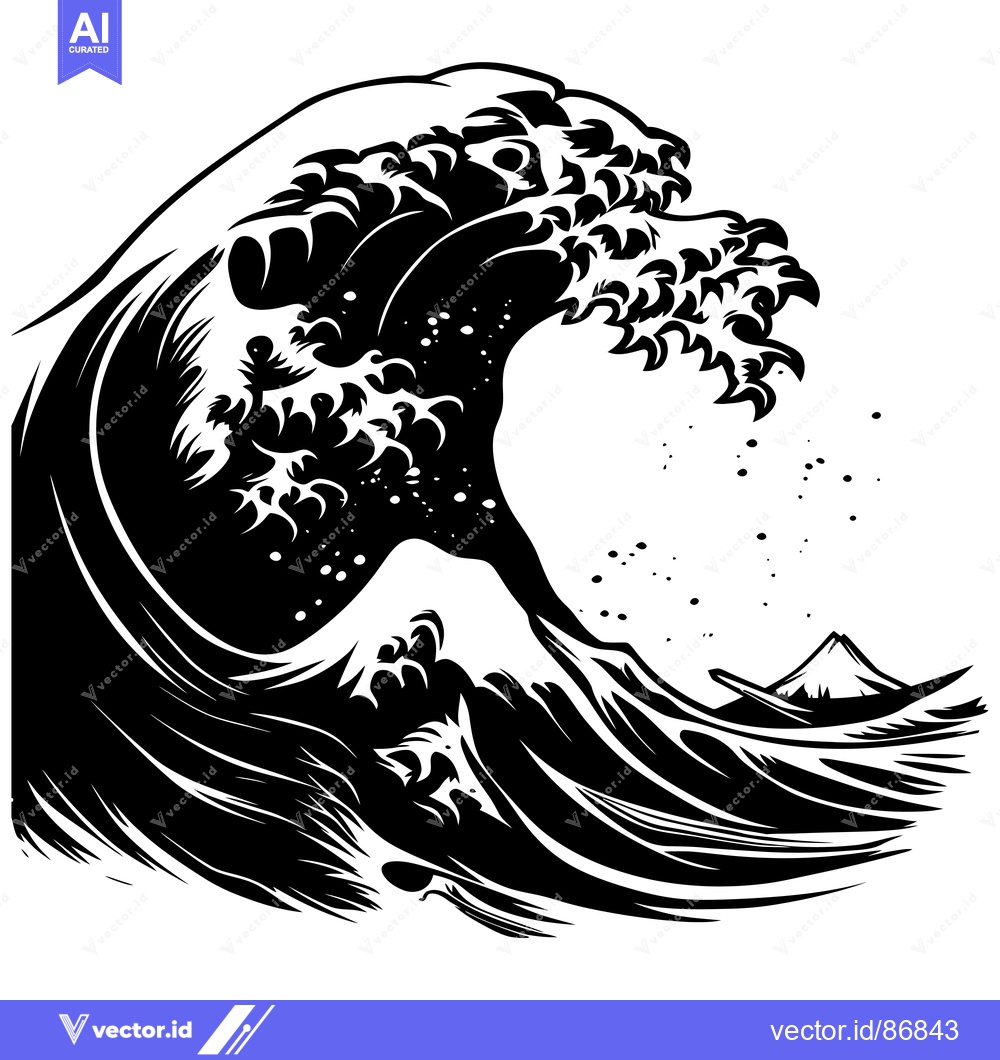 Premium Vector dari A Black and White Illustration of a Large, Powerful Wave Breaking Over