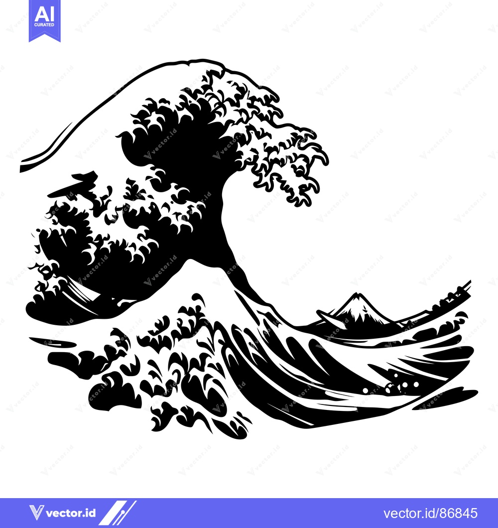 Premium Vector of Black and White Illustration of the Great Wave of Kanagawa with Mount