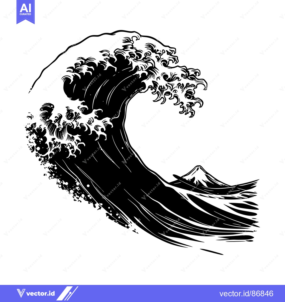 Premium Vector dari Black and White Illustration of a Large Wave Crashing Over a Mountain