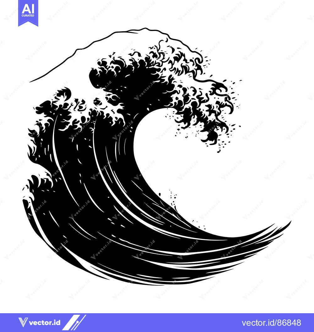 Premium Vector dari A Stylized Black and White Illustration of a Crashing Wave