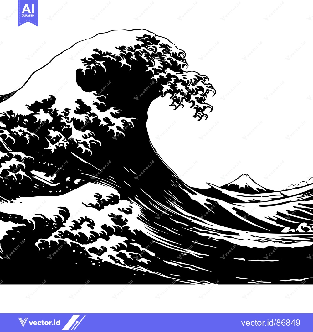 Premium Vector of Black and White Illustration of a Large Wave Crashing Over a Mountain