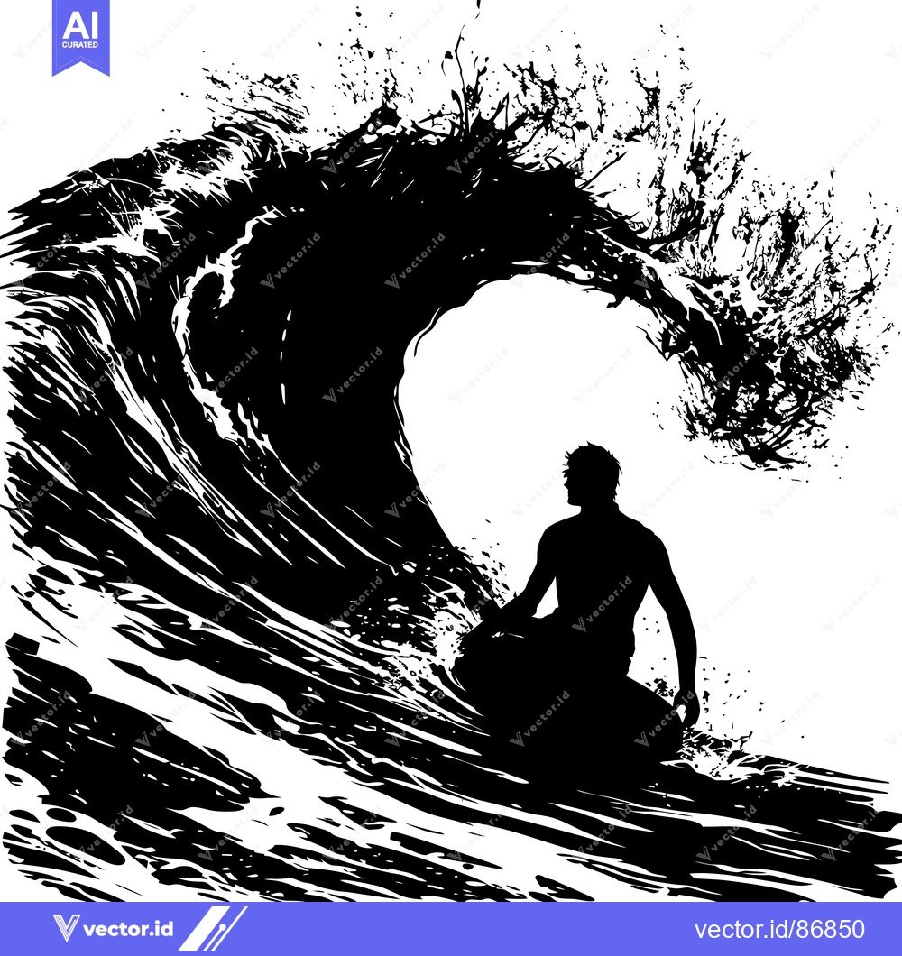 Premium Vector dari Silhouette of a Surfer Riding a Large Wave
