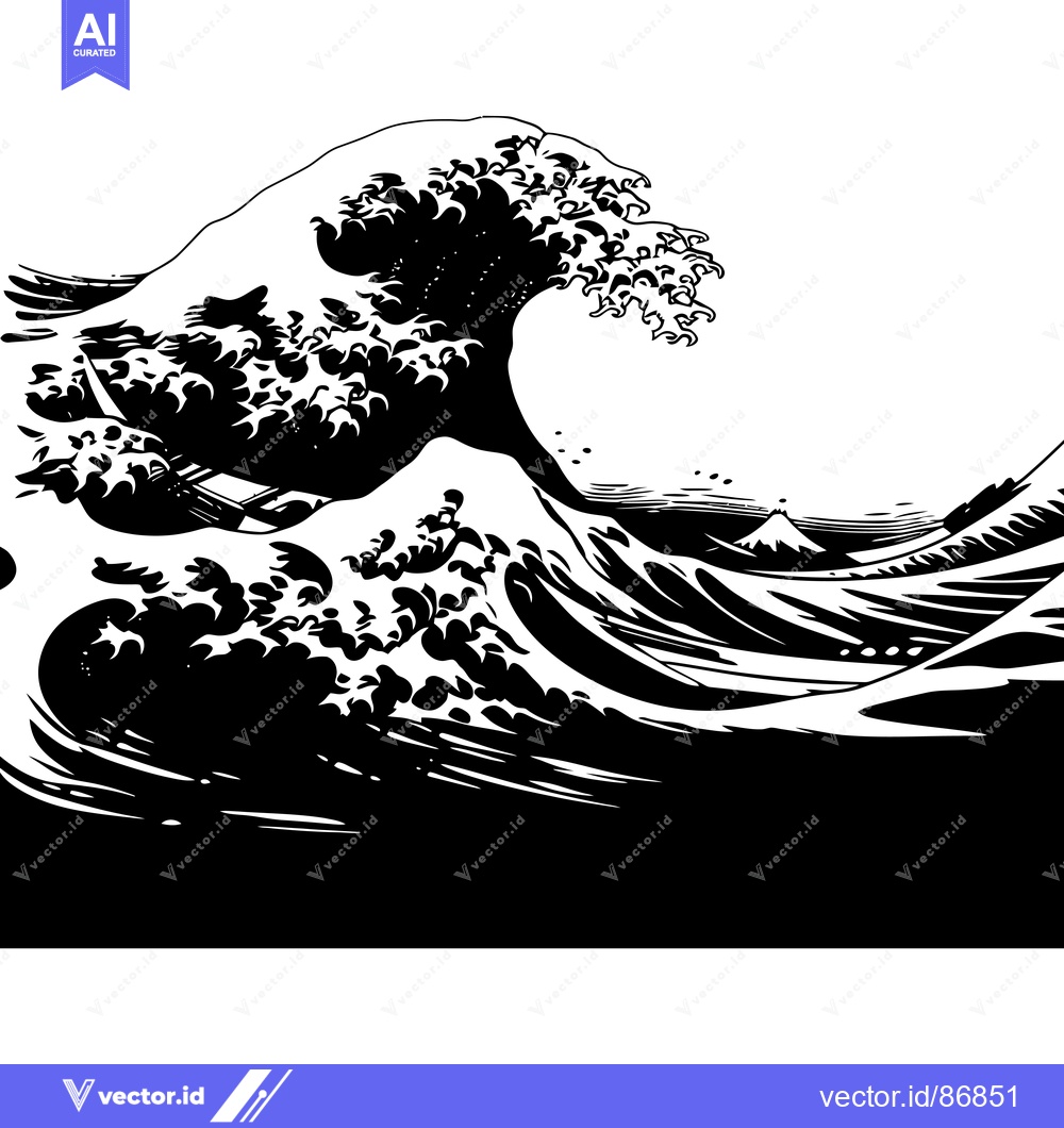 Premium Vector of A Black and White Illustration of the Great Wave off Kanagawa