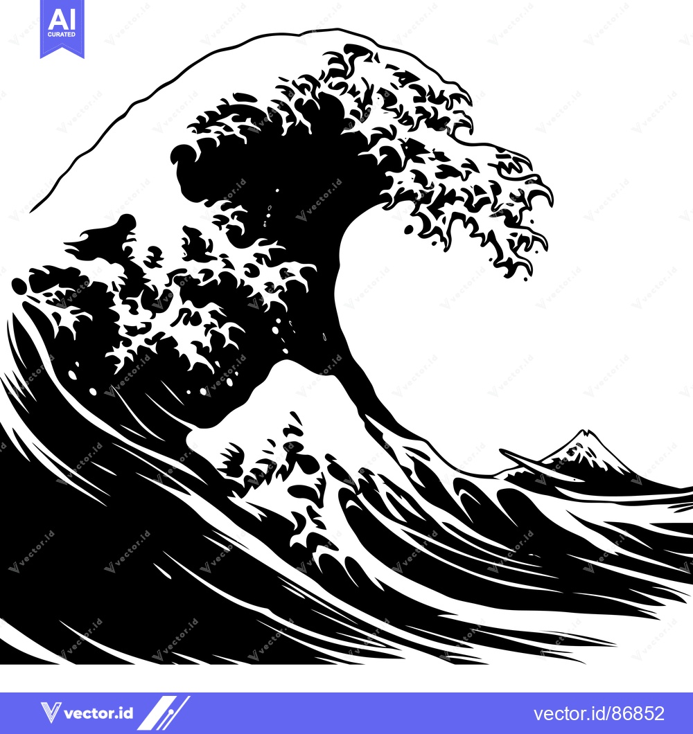 Premium Vector dari Black and white illustration of a large wave crashing over a mountain