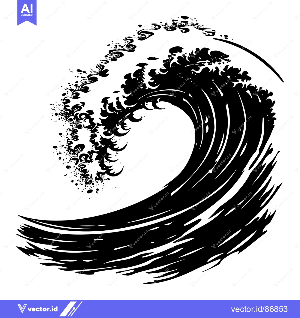 Premium Vector dari A Black and White Silhouette of a Large Breaking Wave