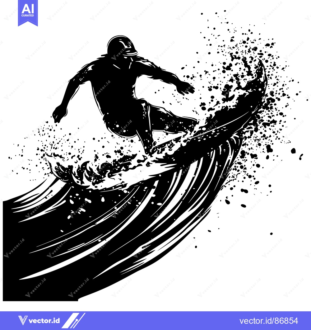 Premium Vector of Silhouette of a Surfer Riding a Wave with Splashes of Water