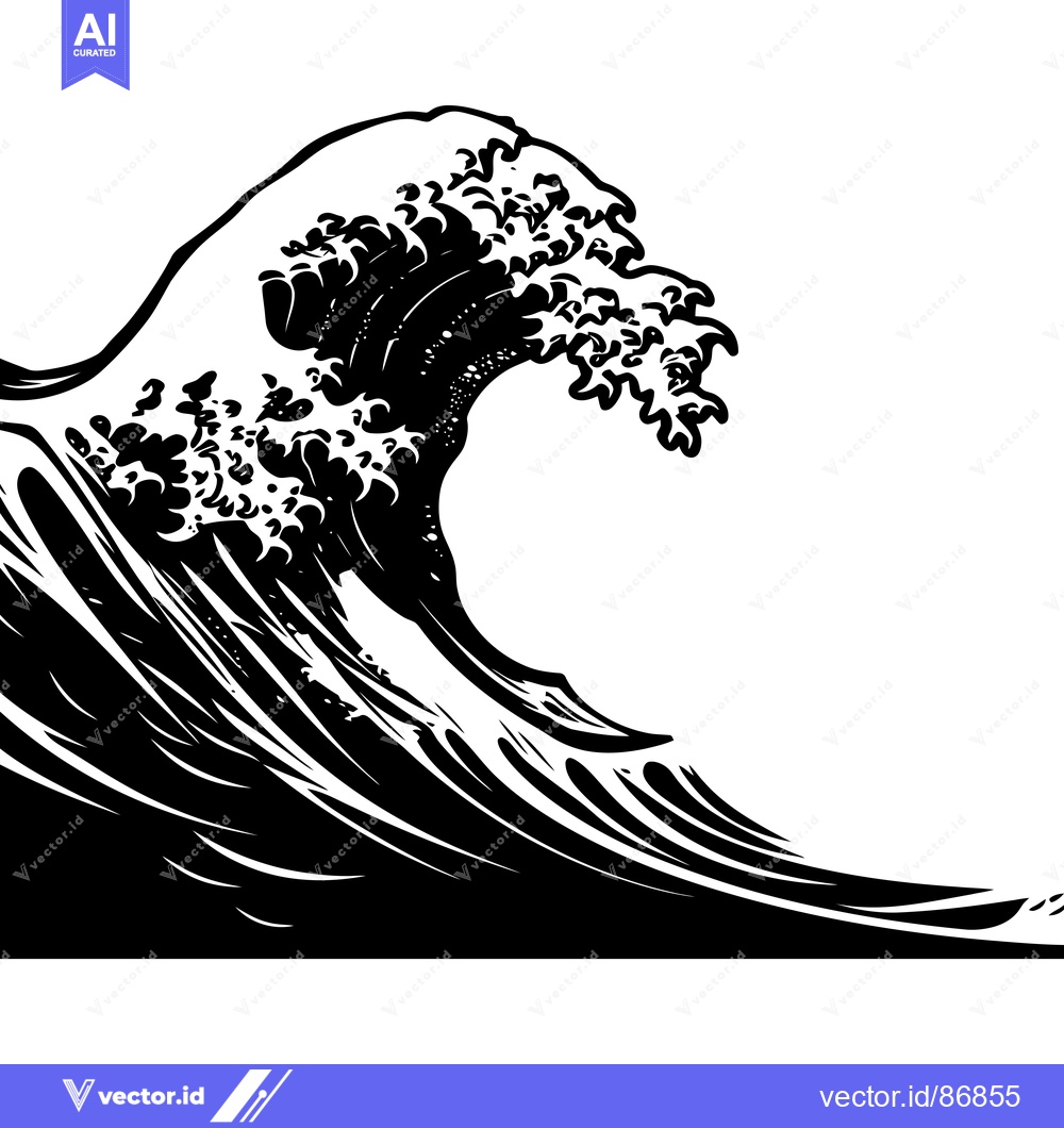 Premium Vector dari A Large Black and White Wave Crest Breaking Over a White Background