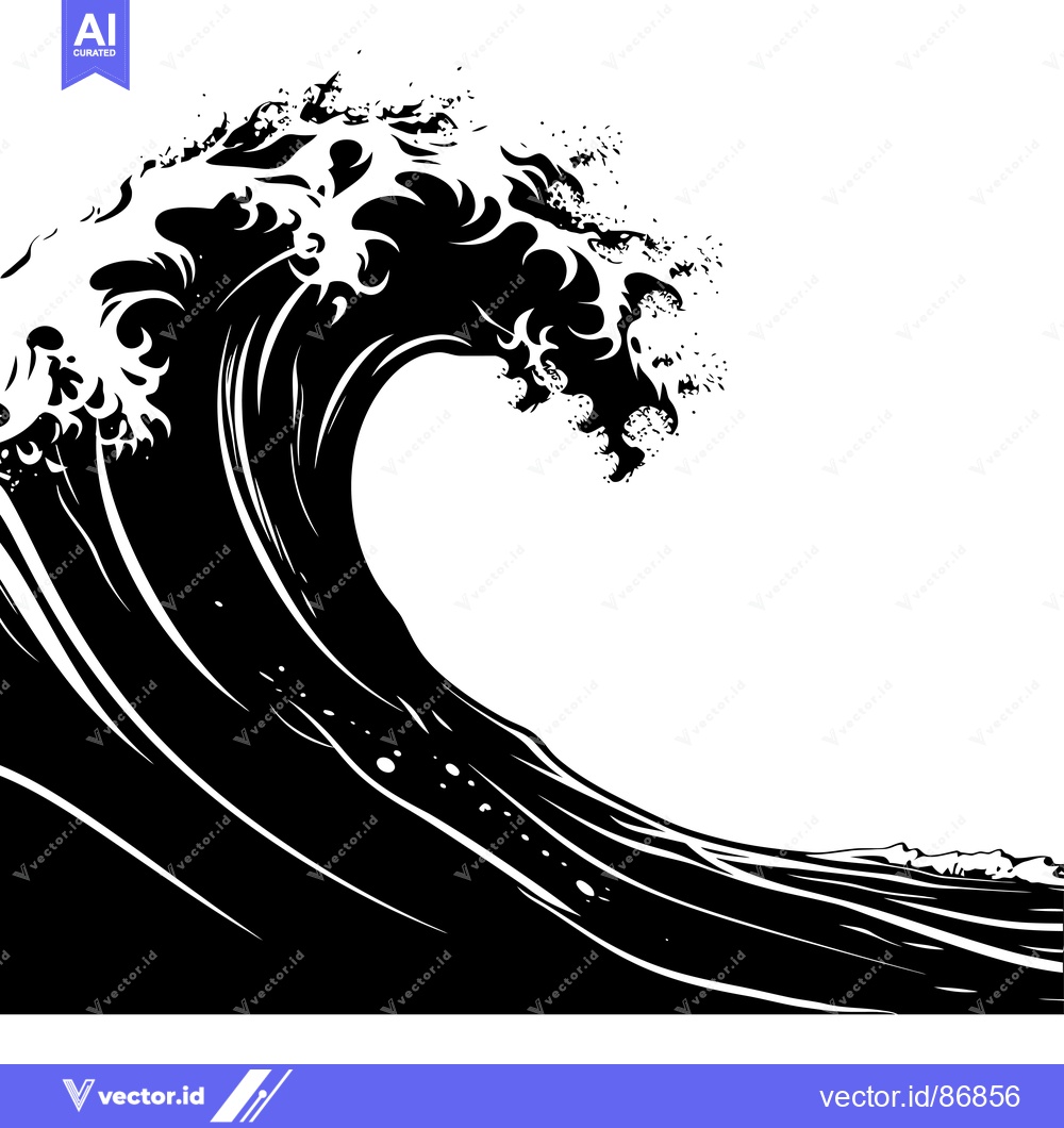 Premium Vector dari A Monochromatic Illustration of a Large Ocean Wave Breaking
