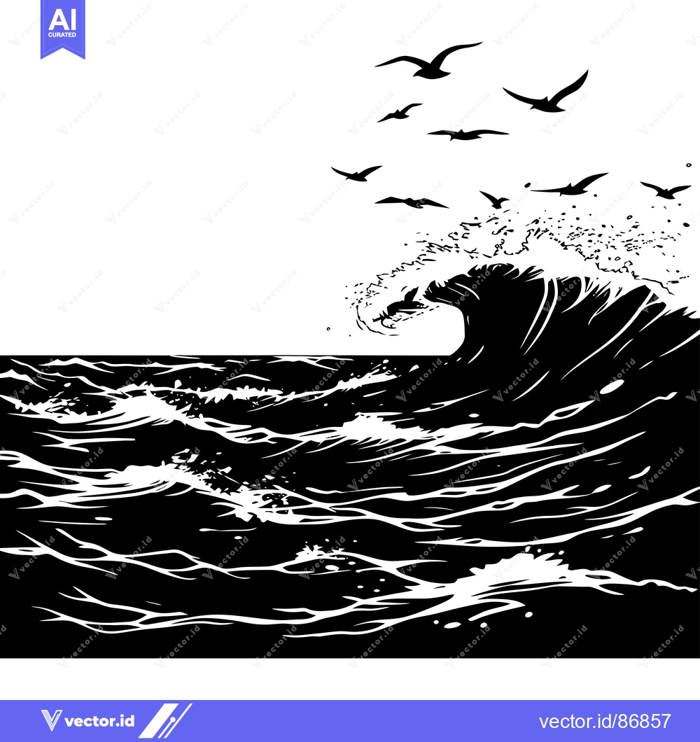 Premium Vector of A large wave crashes in the ocean as birds fly overhead.