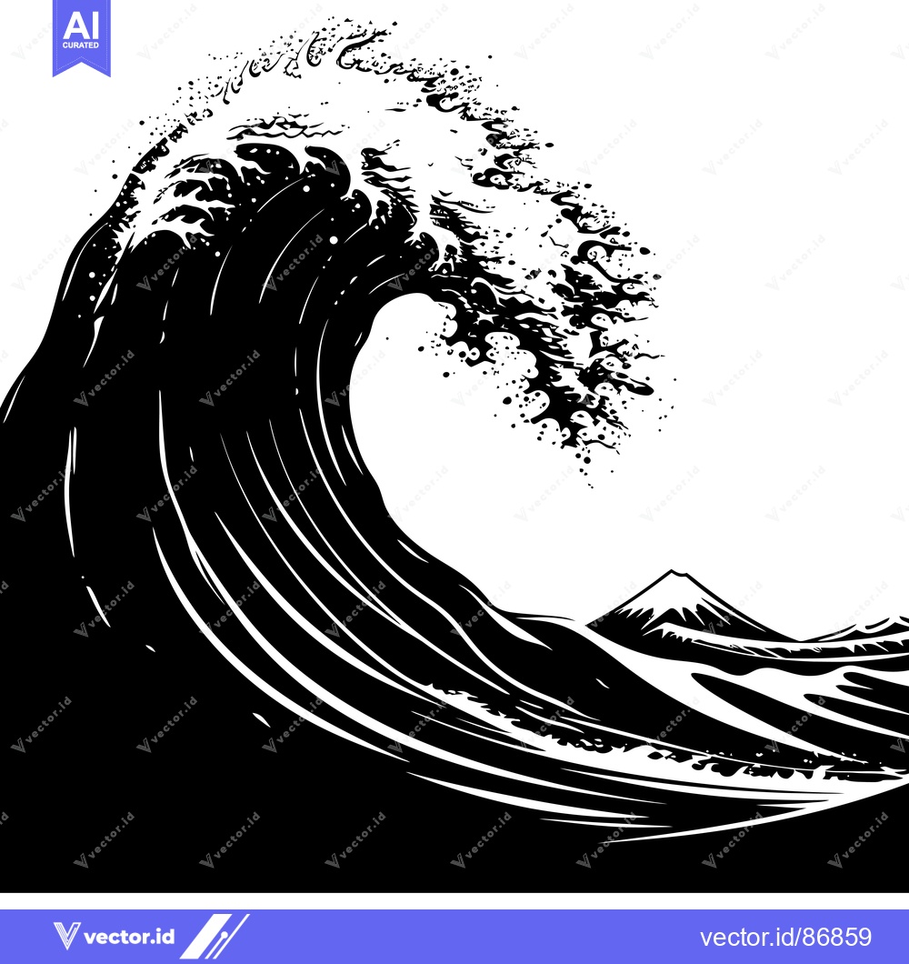 Premium Vector dari A Large Black and White Wave with a Mountain Peak in the Background