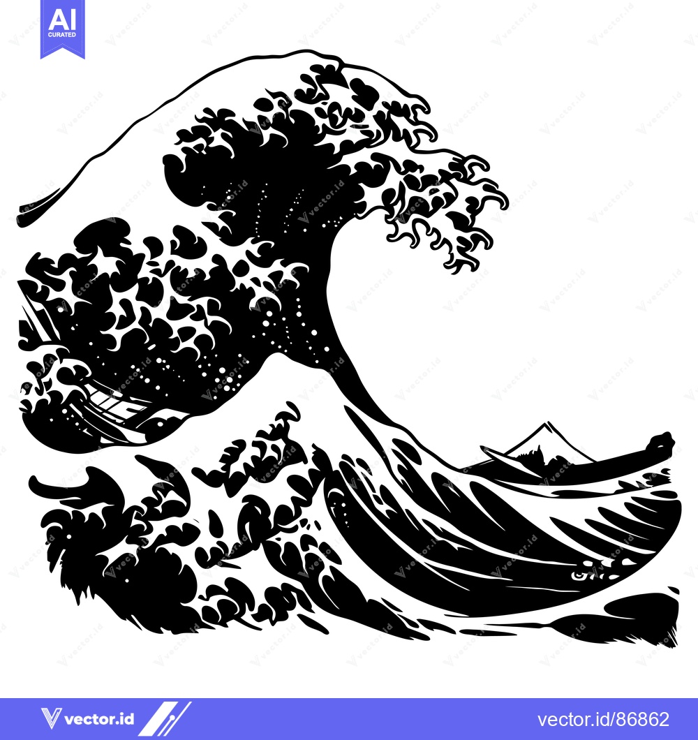 Premium Vector dari A Black and White Illustration of a Large, Powerful Ocean Wave