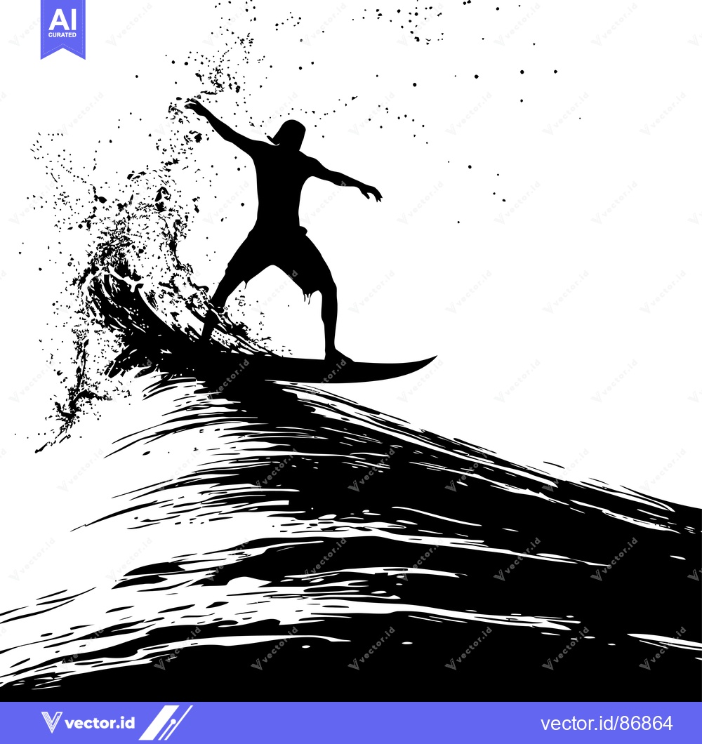 Premium Vector of Silhouette of a Surfer Riding a Wave with Splashing Water