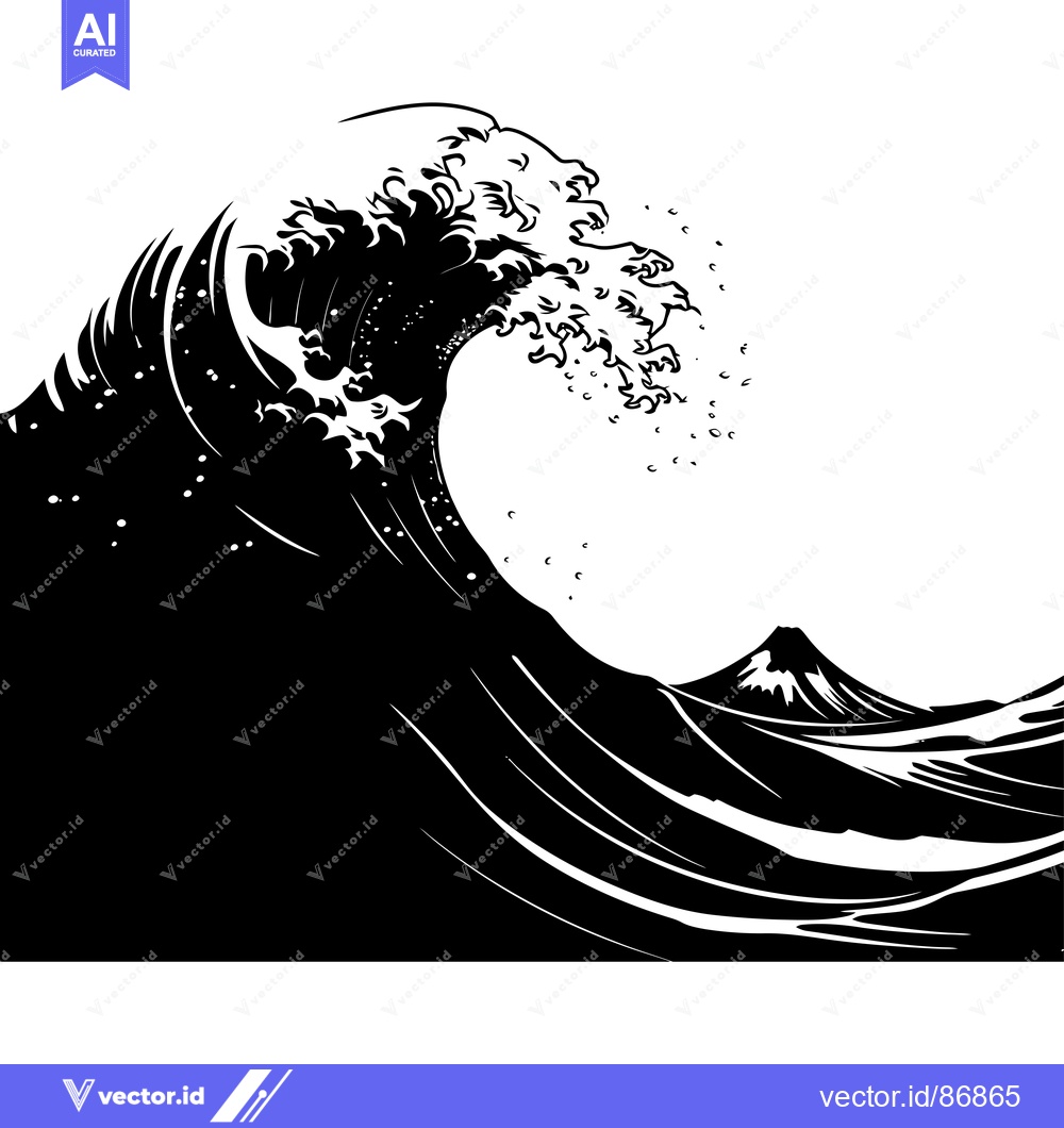 Premium Vector of Black and White Silhouette of a Large Wave and a Mountain