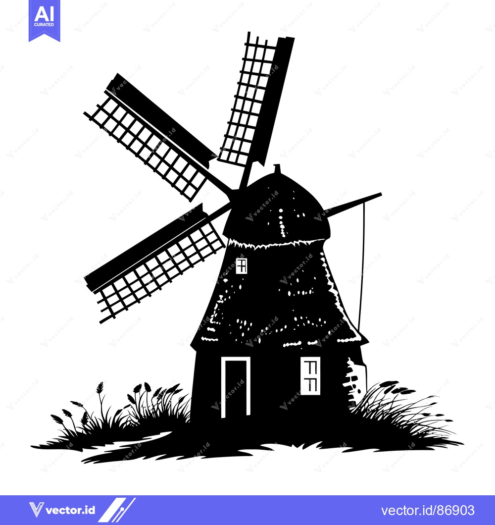 Premium Vector dari Black and white silhouette of a windmill with grass